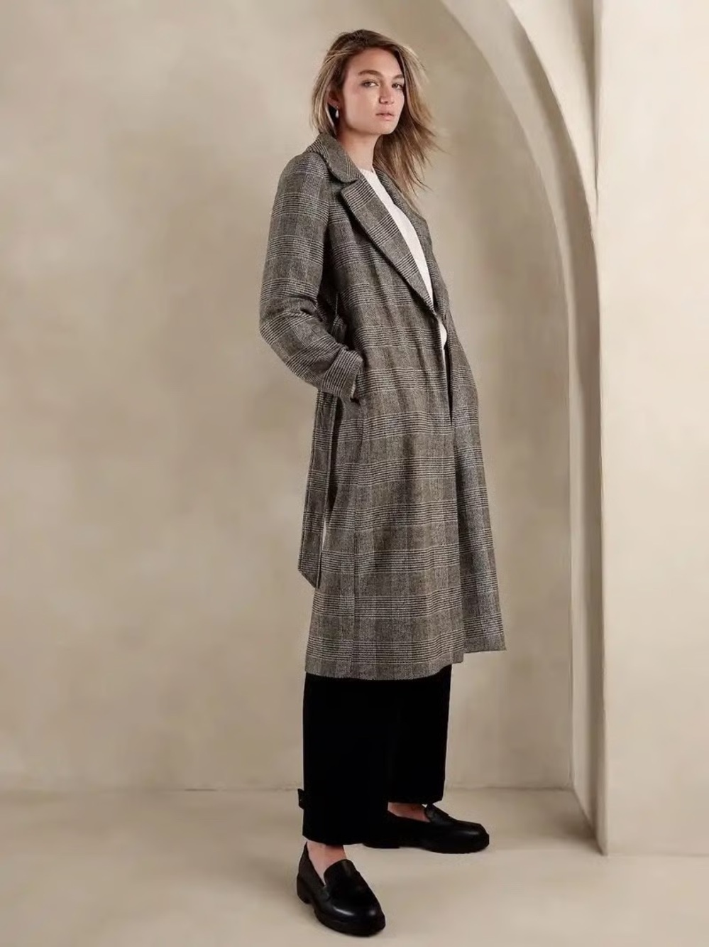 NWOT Banana Republic Gray Plaid Long Trench Coat